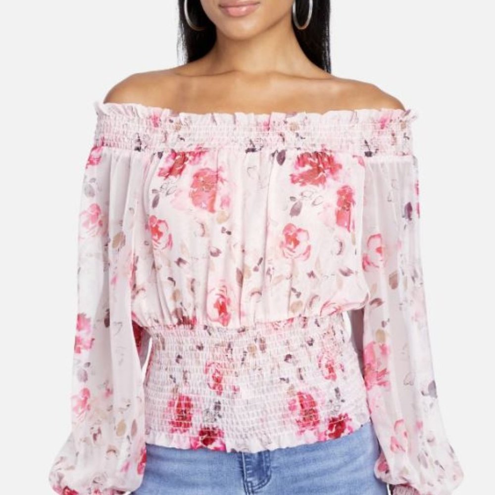Bebe Pink Floral Off Shoulder Smocked Sheer Blouse - Size 6